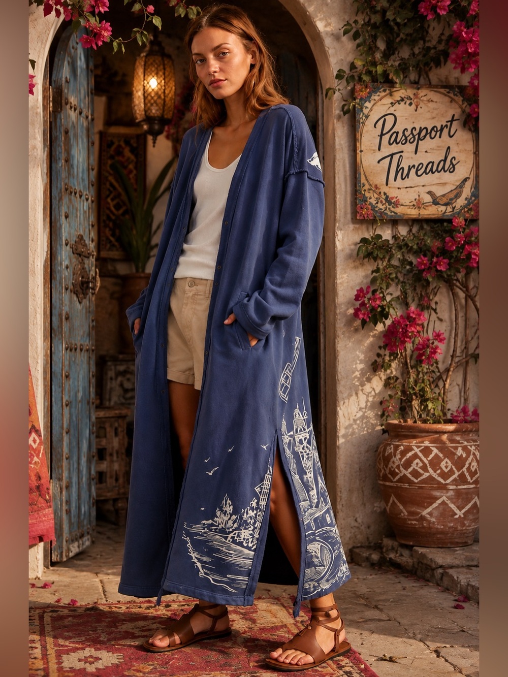 NWT FREE PEOPLE Dutch Maxi Cardi | Navy Combo MSRP $198 Size M